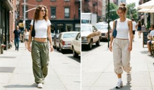 A split image of off-duty summer streetwear featuring lightweight low-rise utility parachute pants worn with fitted baby tees.