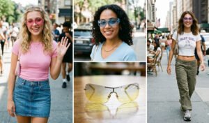 A 4-panel fashion grid featuring pastel tinted rimless shield sunglasses with rhinestone details as a statement summer accessory.