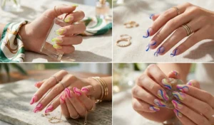 Creative nail design featuring vibrant neon lime, fuchsia, and blue abstract swirls on a clear, negative space natural nail base.