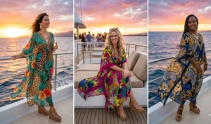 Three elegant women wearing sheer, flowy maxi-length tropical print kaftans paired with thick platform wedge sandals during a golden hour sunset cruise.
