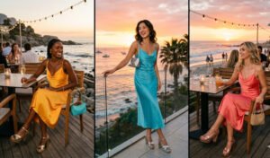 A 3-panel elegant fashion collage of women at a seaside restaurant at golden hour, wearing tropical-toned satin slip dresses with cowl necklines, metallic platform sandals, and underarm baguette bags.