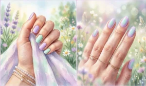 Two-panel pastel image featuring a sweet skittle manicure alternating lilac and mint green nails, alongside a diffused mint and lilac aura nail design.