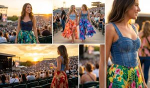 A 4-panel outdoor concert outfit grid featuring women in structured denim bustier corset tops paired with flowy, sweeping tropical print maxi skirts during sunset.