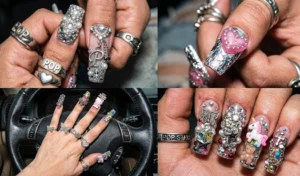 A four-panel image grid showing extreme mixed-media junk nails featuring a deliberate, chaotic maximalist mix of heavy diamond clusters, metal chains, foil, and oversized charms.