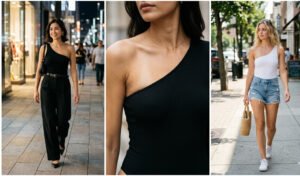 A 3-panel style guide showing asymmetrical one-shoulder bodysuits paired seamlessly with high-waisted trousers and denim cut-offs.