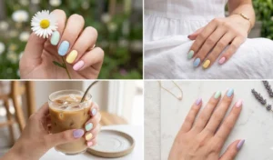 A 4-panel collage of pastel skittle manicures in soft lavender, mint, blue, yellow, and pink, shown with a fresh daisy, a white sundress, and an iced latte.