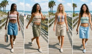 A 4-panel photo grid of women walking down a wooden beach boardwalk in summer, styled in pastel striped crochet tube tops, baggy low-slung board shorts, canvas sneakers, and beaded belly chains.