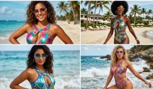 Grid of four women modeling glamorous geometric cut-out monokini swimsuits accessorized with retro Y2K rimless tinted sunglasses.