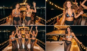 A 4-panel grid photo collage of a glamorous Y2K boat party, showing women in metallic sequined bikini tops, sheer rhinestone mesh maxi skirts, and oversized gold hoop earrings.