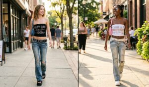 Split image of two women modeling bedazzled rhinestone slogan tube tops paired with extreme low-rise flare jeans and studded belts in a sunny Y2K street style setting.