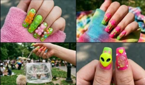 A four-panel grid highlighting alternative neon green and hot pink junk nails, featuring hand-painted dripping slime designs and playful 3D resin gummy bear charms.