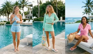 Collage of three women wearing early 2000s pastel terry cloth co-ord sets with halter tops and shorts at a luxury beach resort, showcasing the Tropicalcore fashion trend.