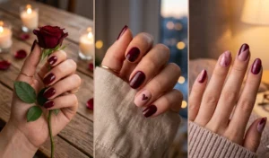 Three-part collage of romantic deep burgundy and muted blush nail designs, showing glossy wine-red nails, a tiny heart accent, and asymmetrical tonal nail art.