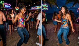A 2-panel party fashion diptych of women dancing in an open-air nightclub, wearing asymmetrical bold-print handkerchief tops with backless tie designs and low-rise flare jeans.