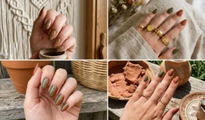 Four-grid bohemian collage of earthy olive green and terracotta nails, showing retro 70s swirls, half-and-half vertical splits, and solid alternating tones.