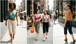 A 3-panel urban street style collage featuring women wearing low-rise cargo capris with drawstring hems paired with sparkly backless sequin butterfly tops and wedge sandals.
