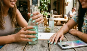 Semi-translucent mint green jelly nails with a squishy glass-like texture and encapsulated star sequins, held against a vintage soda bottle.