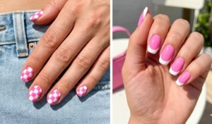 Split image featuring retro bubblegum pink and crisp white nail combos, highlighting checkerboard patterns and chunky 2000s-style French tips.