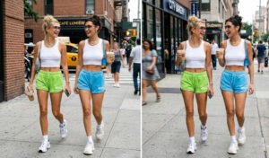 A 2-panel paparazzi-style fashion image of women on a coffee run, wearing vibrant lime green and sky blue velour tracksuit shorts, white cropped tank tops, and oversized rimless shield sunglasses.