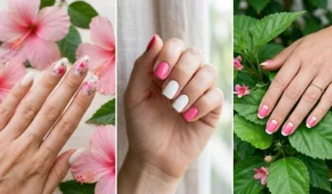 Three-part collage of fresh hibiscus pink and milky coconut white nails, highlighting floral motifs, solid alternating colors, and crisp reverse French tips.