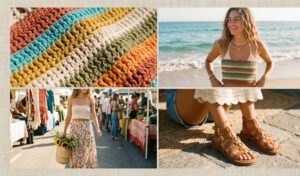A 4-panel mood board featuring lightweight summer crochet knit tube tops styled with swimwear and boho maxi skirts for beach vacations.
