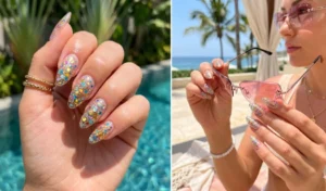 A 2-panel image showing chunky glitter encapsulated tip manicures with multi-colored stars trapped under clear gel, styled with trendy tinted Y2K sunglasses in the sun.