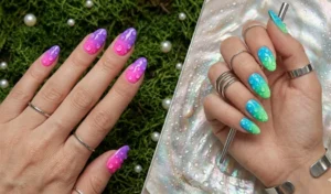 Vibrant neon ombre nails featuring hyper-realistic 3D clear water droplets that create a dewy, wet-look texture.