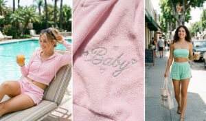 A 3-panel collage displaying pastel terry cloth lounge shorts and zip-up sets styled for comfortable poolside lounging and summer errands.