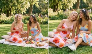 A 2-panel sweet summer fashion image of women having a park picnic, wearing mixed-print slip dresses combining Y2K gingham checks and oversized hibiscus flowers with white sneakers.