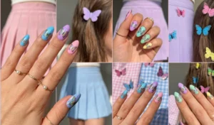 A 4-panel collage of butterfly decal multi-color nails featuring bright pastel colors and holographic butterfly wings, paired with Y2K fashion accessories.