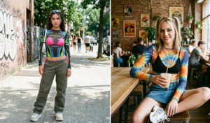 A side-by-side collage showing early 2000s fashion with women wearing breathable graphic sheer mesh long-sleeve tops over summer bralettes.