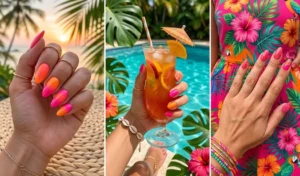 Three-section tropical collage displaying vibrant hot pink and tangerine nails with sunset gradients, alternating colors, and delicate swirls.