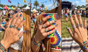 A 3-panel image showing psychedelic tie-dye summer festival nails in swirling blue, yellow, red, and green, styled with bohemian rings and crochet festival tops.
