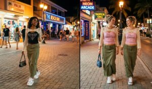 A 2-panel casual street style diptych of two friends walking in a resort town at night, wearing lightweight crochet shrugs over bedazzled McBling logo tank tops and low-rise cargo maxi skirts.