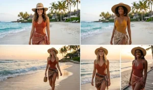 Grid of four women modeling boho-chic crochet one-piece swimsuits layered with sheer asymmetrical sarongs and straw hats for tropical resort beachwear.