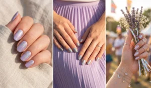 Three-panel image showing ethereal shimmering lavender nails paired with holographic silver glitter gradients and delicate jewelry in bright sunlight.