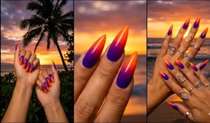 Dramatic stiletto nails featuring a flawless sunset ombre gradient fading from deep violet to fiery orange.