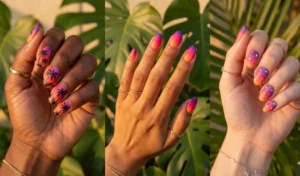 A horizontal three-panel showcase of Tropicalcore neon sunset nails with bright orange, pink, and purple ombré gradients, decorated with black palm tree silhouettes and tiny rhinestones.
