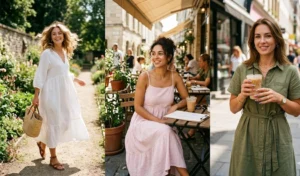 A collage of three women wearing lightweight summer cotton dresses, featuring a flowy white gauze dress, a pastel pink sundress at a cafe, and an olive midi dress.
