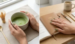 Two-panel collage featuring short squoval nails in creamy, muted matcha latte green.
