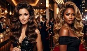 Split-screen showing two women with glamorous deep side part bombshell blowouts, featuring dramatic asymmetrical volume and large soft waves.