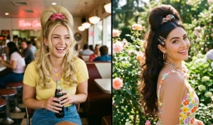A side-by-side photo of two women with half-up hairstyles, featuring a retro teased pouf at the crown and large curls at the bottom.