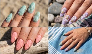 A four-panel collage displaying maximalist 3D Tropicalcore nail art, featuring pastel seafoam, lavender, and coral bases adorned with sculpted clear gel seashells, water droplets, and metallic starfish charms.