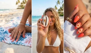 A three-panel collage featuring hand-painted white and yellow hibiscus flower nail art on a bright coral acrylic base in a relaxed beach setting.