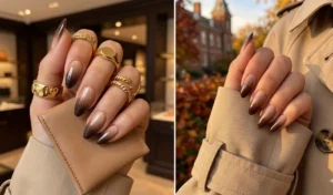 Two-panel collage showing sophisticated espresso brown to creamy beige ombre gradient nails.