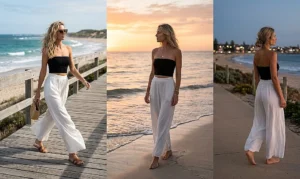A seamless three-panel photo collage featuring elegant women wearing high-waisted, wide-leg flowy pants paired with form-fitting tube tops. The women are walking along a boardwalk, by the shoreline, and on an evening stroll.