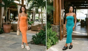 A 2-panel collage showing women at a resort wearing strapless terry cloth tube dresses and tall chunky foam wedge sandals.