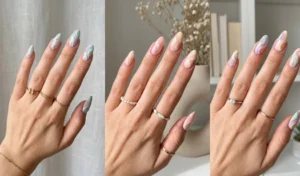 A soft three-panel aesthetic collage featuring overlapping retro groovy swirls painted on long natural nails using pastel mint green, lavender, baby pink, and butter yellow.