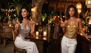 A 2-panel collage of women at an upscale restaurant wearing draping silver and gold chainmail cowl-neck tops with low-rise white linen pants.