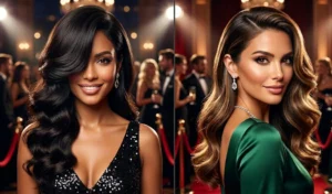 A 2-panel image showing glamorous, deep side-parted asymmetrical blowouts with one side tucked and the other featuring dramatic sweeping waves.